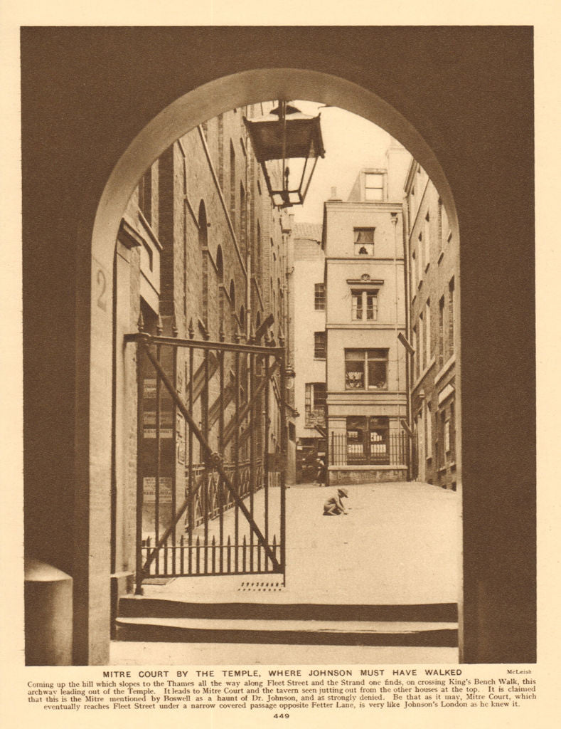 Mitre Court and Tavern, by the Temple, where Johnson walked 1926 old print